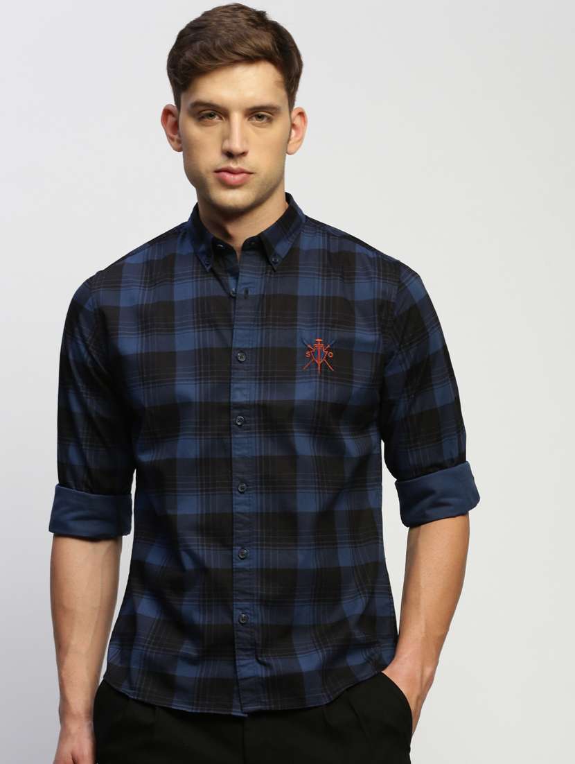 men navy blue checkered cotton blend casual shirt - 20383985 -  Zoom Image - 0