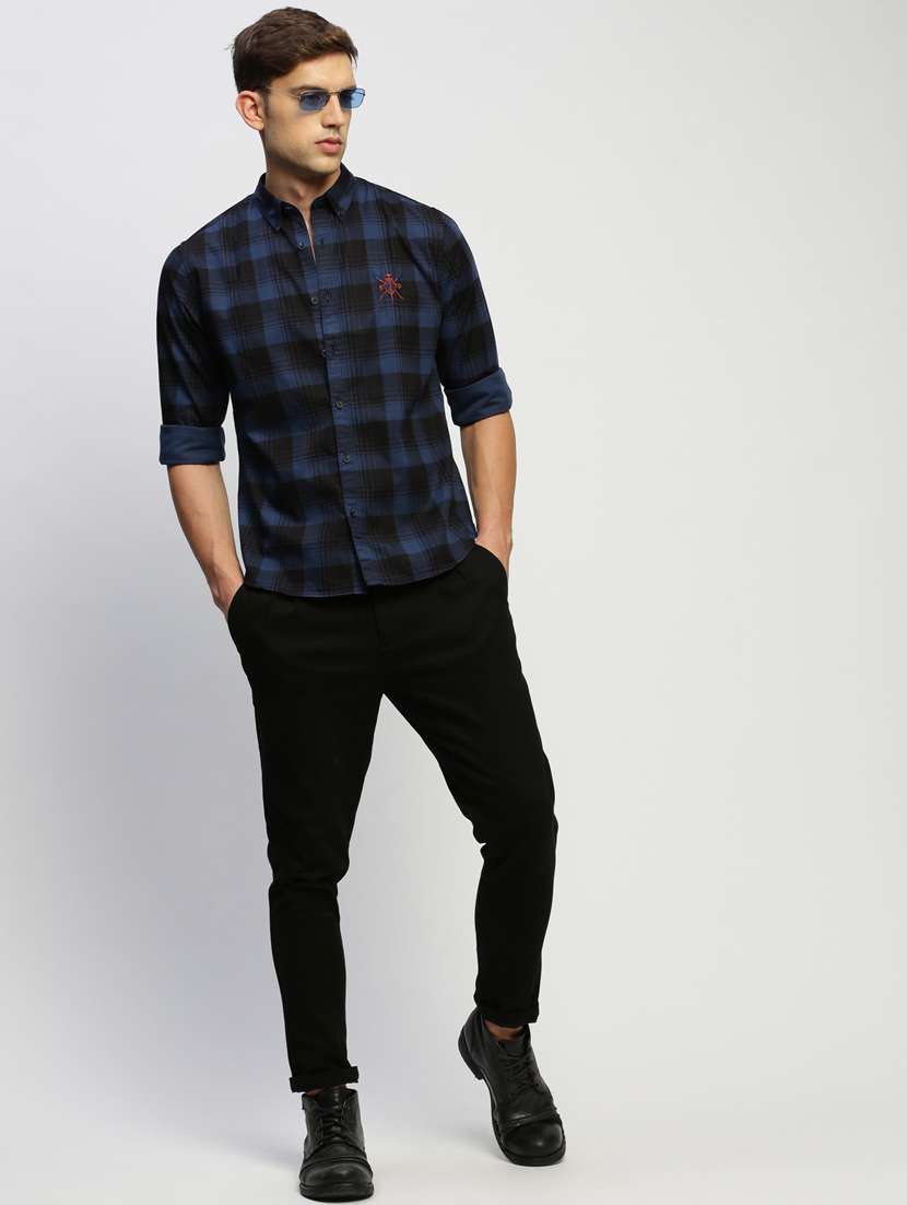 men navy blue checkered cotton blend casual shirt - 20383985 -  Standard Image - 3