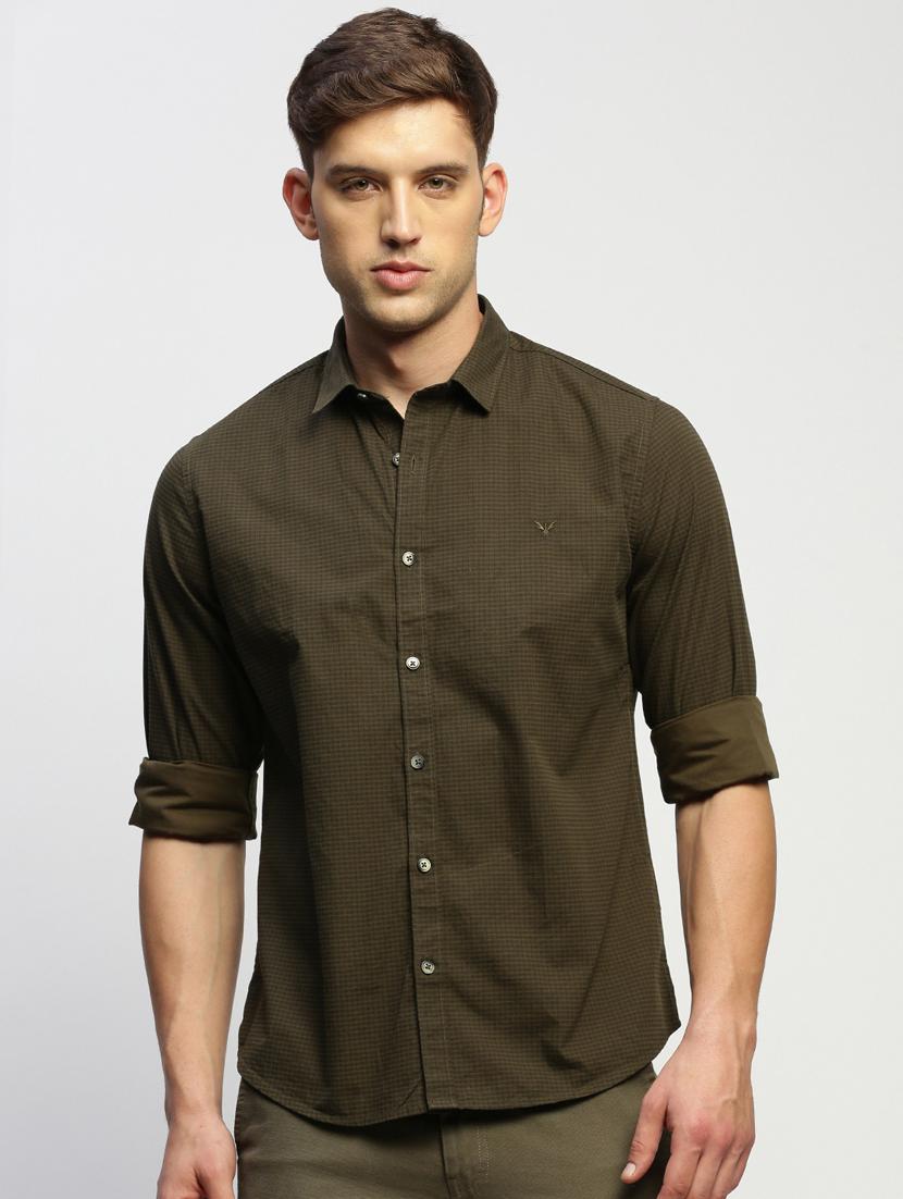 men olive checkered cotton blend casual shirt - 20383990 -  Zoom Image - 0