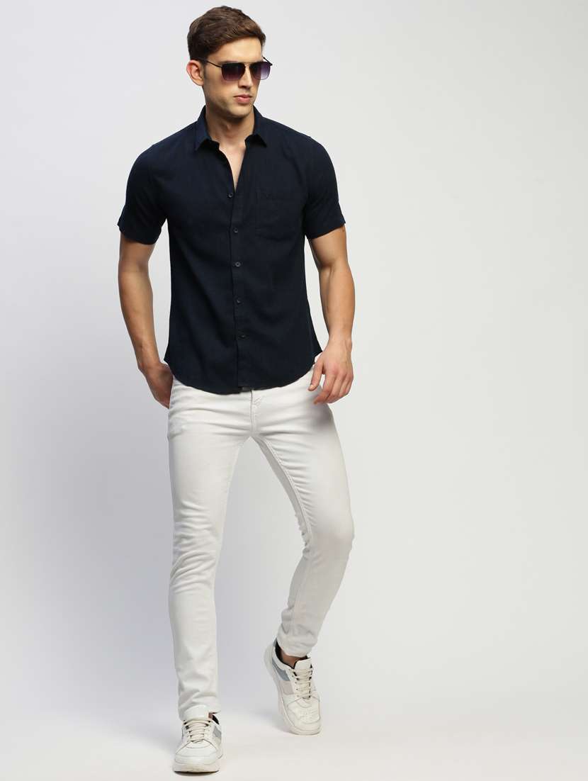men navy blue cotton blend casual shirt - 20383994 - Standard Image - 3