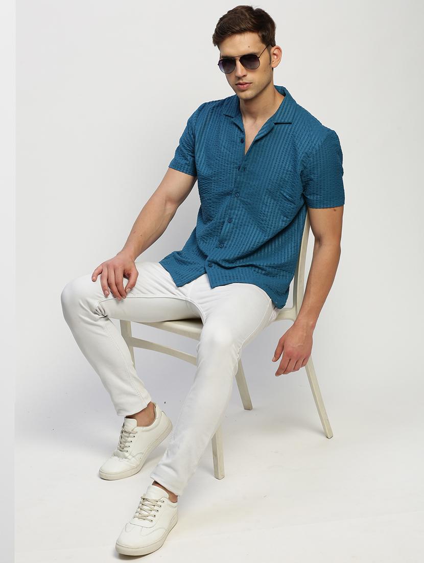 men teal self design cotton blend casual shirt - 20383999 - Standard Image - 3