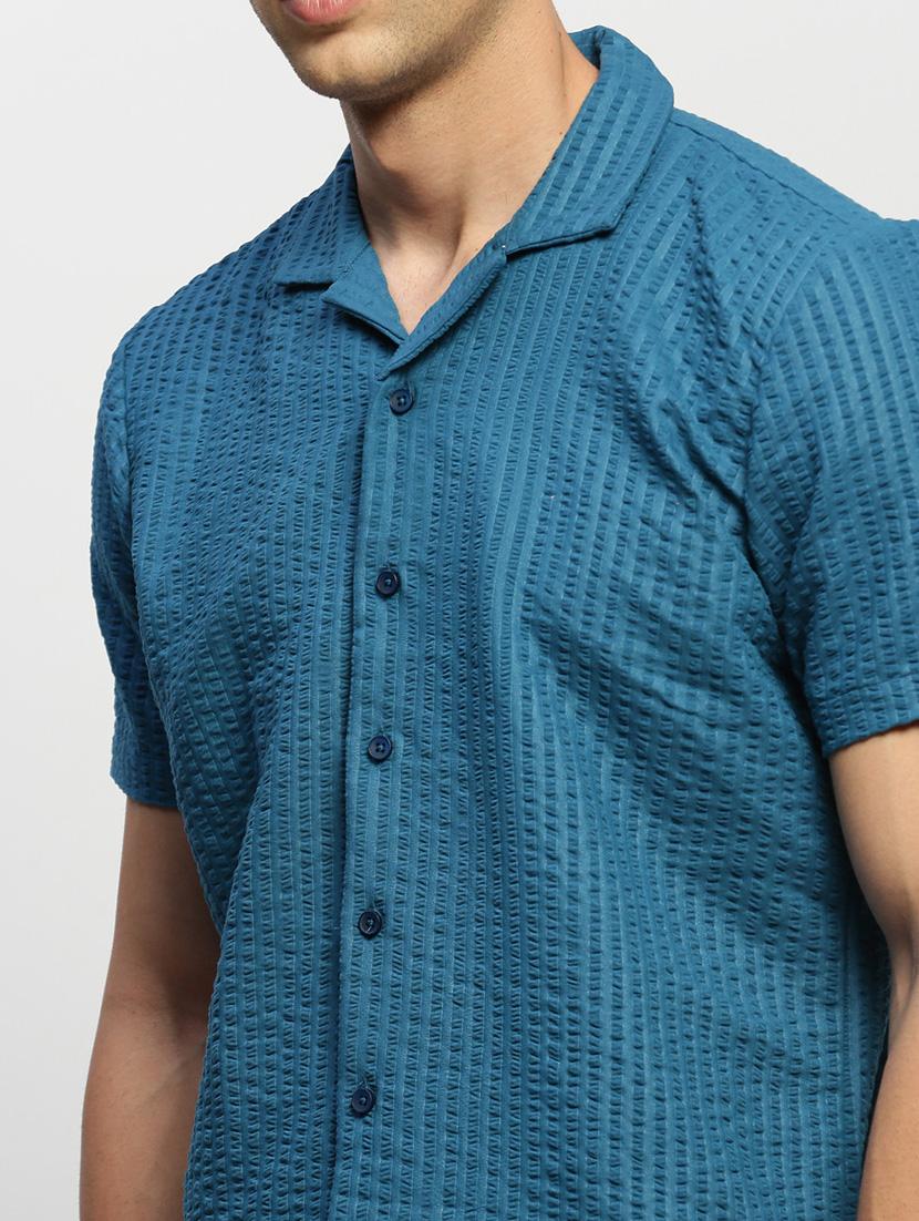 men teal self design cotton blend casual shirt - 20383999 - Standard Image - 5