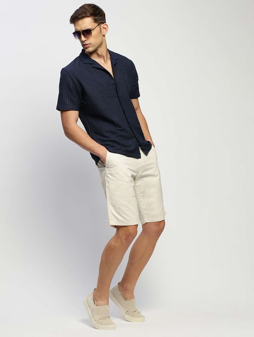 men self designed navy blue slim fit cotton blend casual shirt - 20384003 - Standard Image - 3