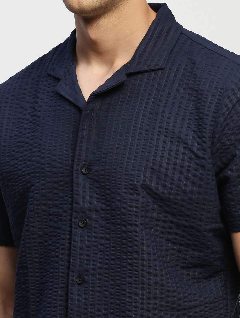 men self designed navy blue slim fit cotton blend casual shirt - 20384003 - Standard Image - 5