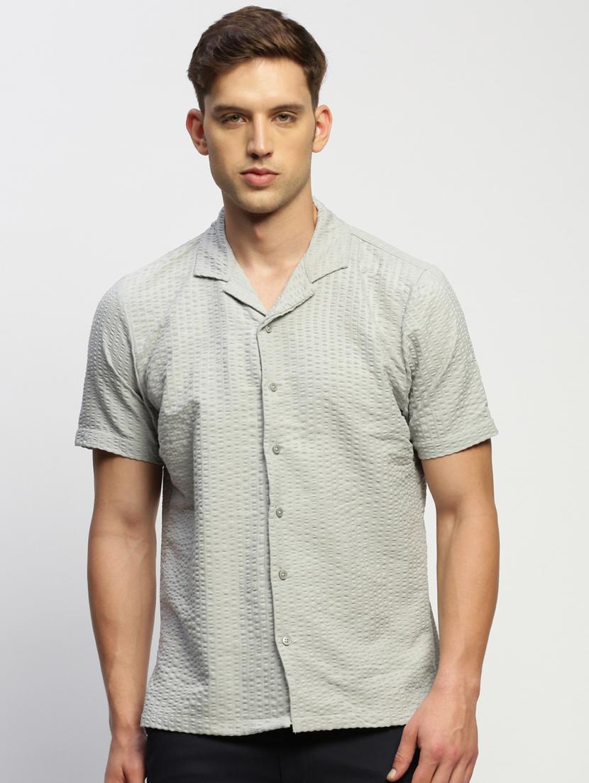 men self designed grey slim fit cotton blend casual shirt - 20384004 -  Zoom Image - 0