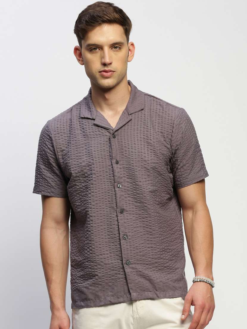 men charcoal self design cotton blend casual shirt - 20384008 -  Zoom Image - 0
