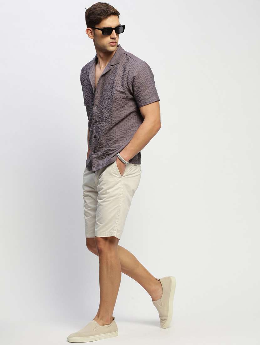 men charcoal self design cotton blend casual shirt - 20384008 - Standard Image - 3