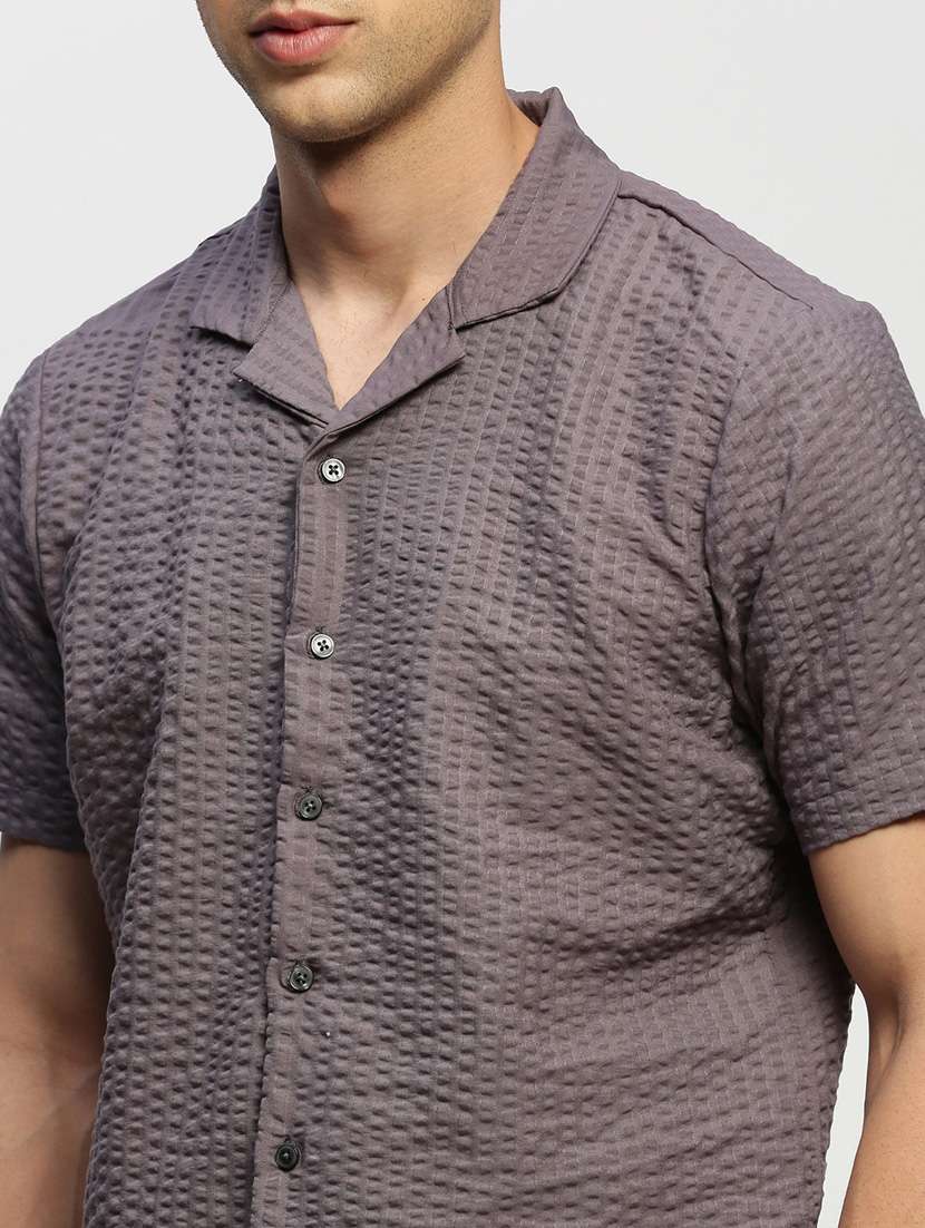 men charcoal self design cotton blend casual shirt - 20384008 - Standard Image - 5