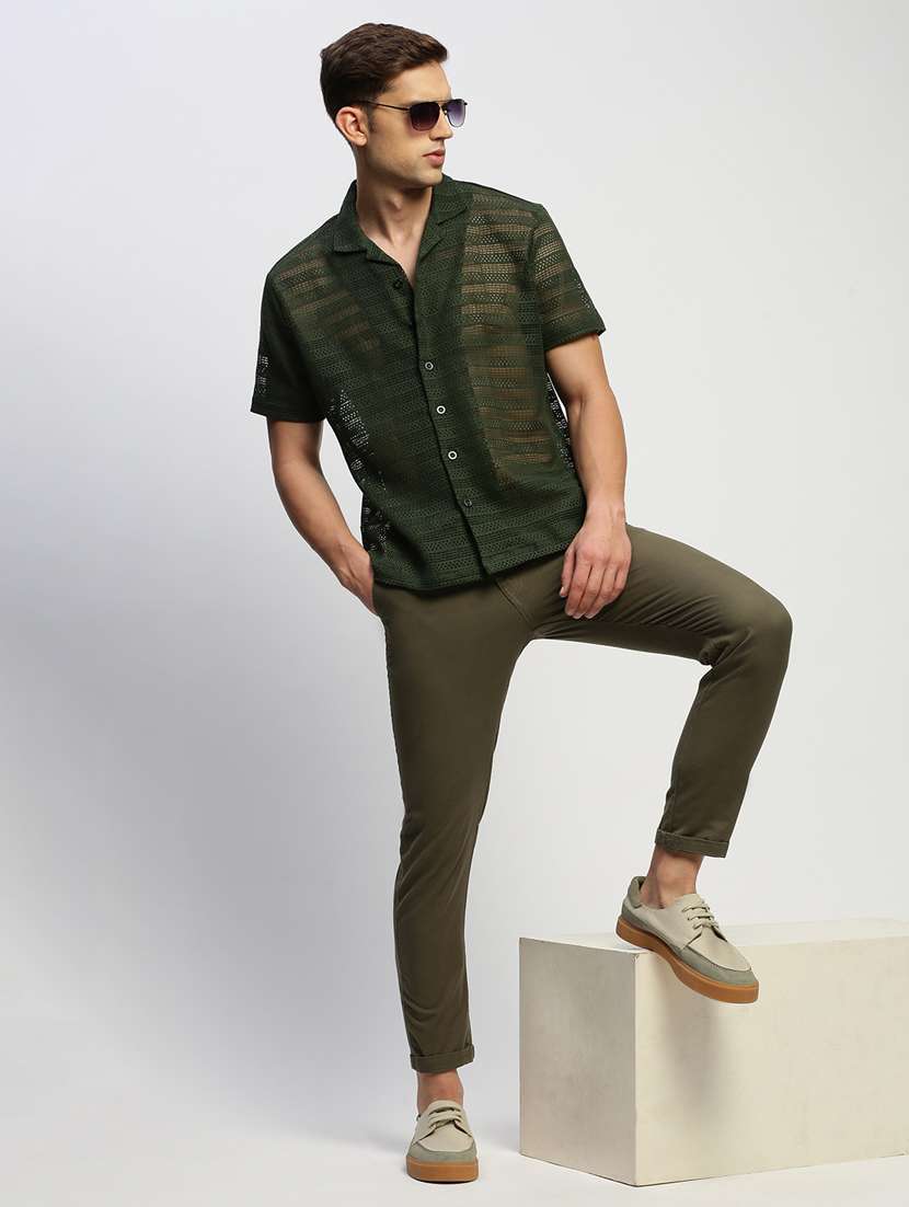men olive self design cotton blend casual shirt - 20384016 -  Standard Image - 3
