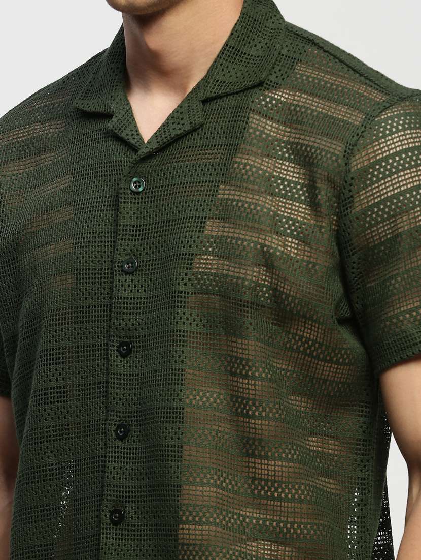 men olive self design cotton blend casual shirt - 20384016 -  Standard Image - 5