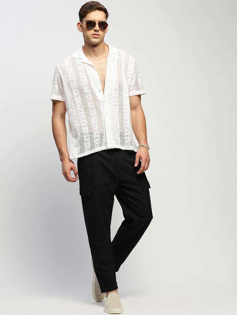 men self design white slim fit cotton blend casual shirt - 20384022 -  Standard Image - 3