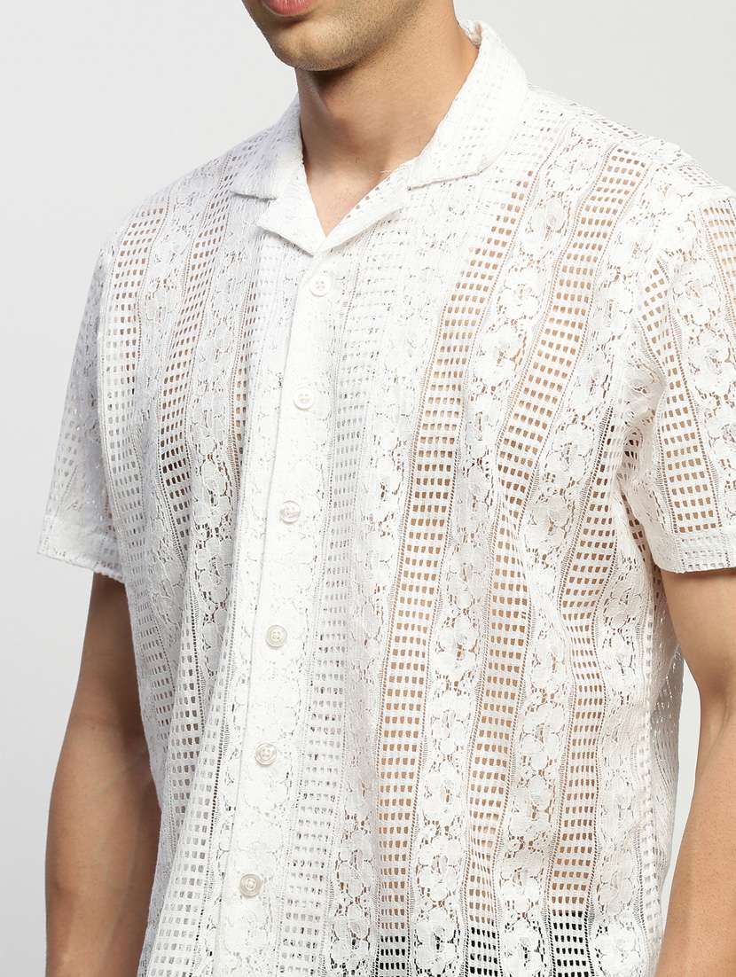 men self design white slim fit cotton blend casual shirt - 20384022 -  Standard Image - 5