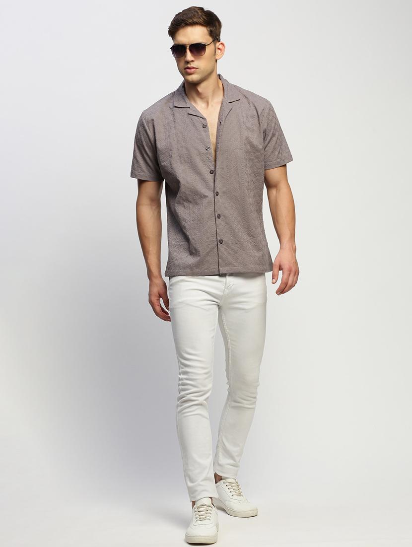 men self designed grey slim fit cotton blend casual shirt - 20384023 - Standard Image - 3