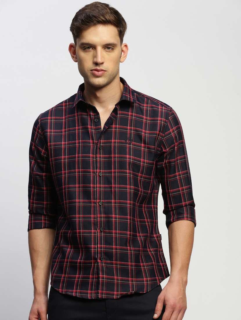 men navy blue checkered slim fit cotton blend casual shirt - 20384031 - Zoom Image - 0