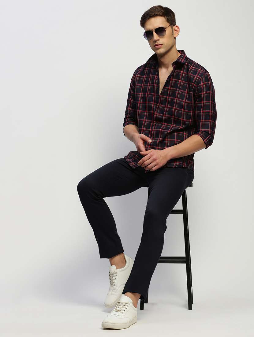men navy blue checkered slim fit cotton blend casual shirt - 20384031 - Standard Image - 3