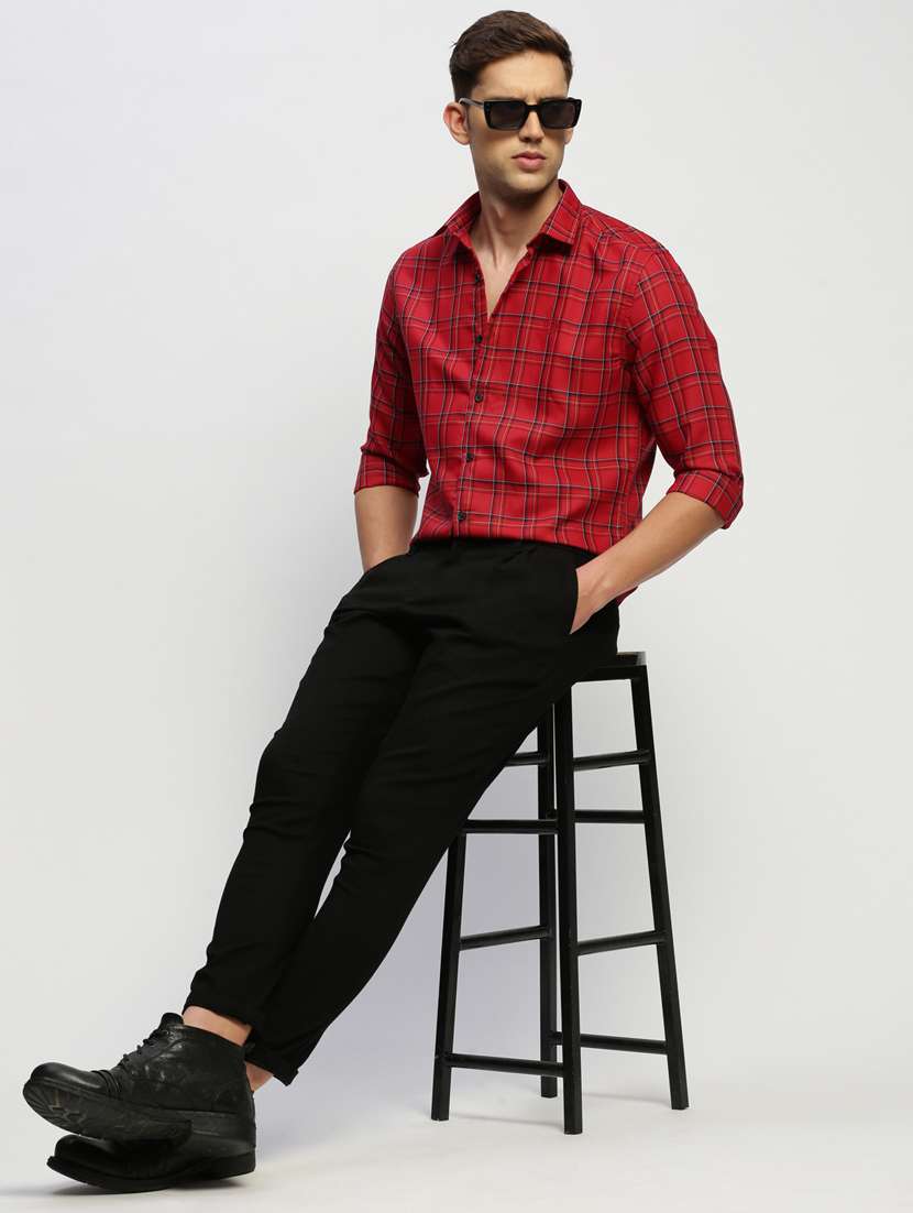 men tartan checkered red cotton blend casual shirt - 20384032 -  Standard Image - 3