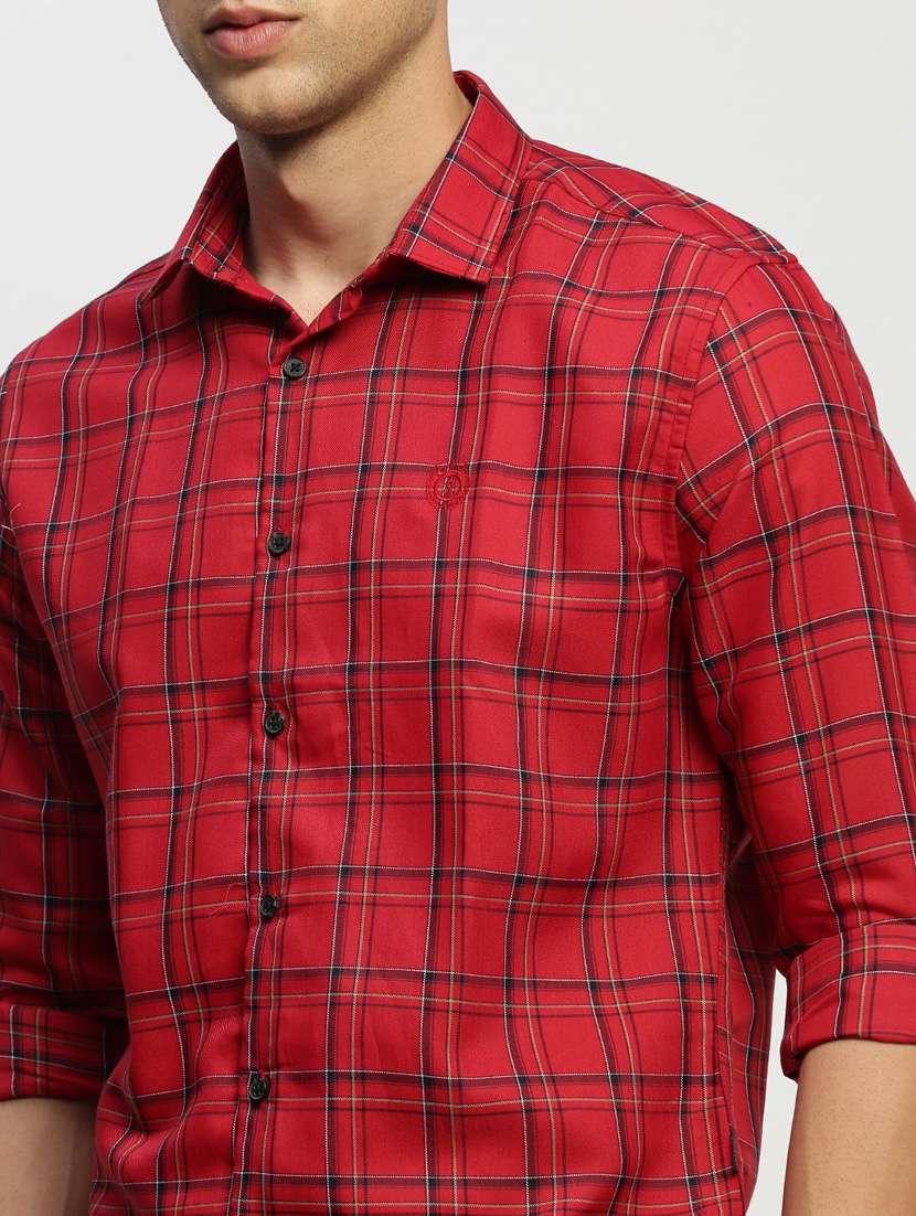 men tartan checkered red cotton blend casual shirt - 20384032 -  Standard Image - 5