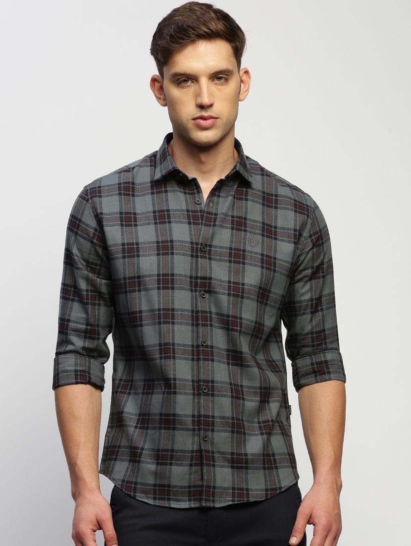 men grey checkered cotton blend casual shirt - 20384033 -  Zoom Image - 0