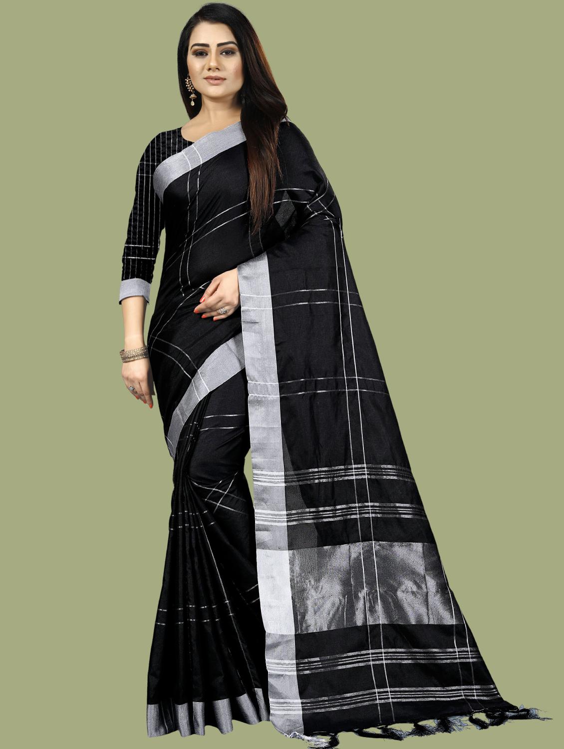 women's checks black colored saree with blouse - 20384046 -  Zoom Image - 0