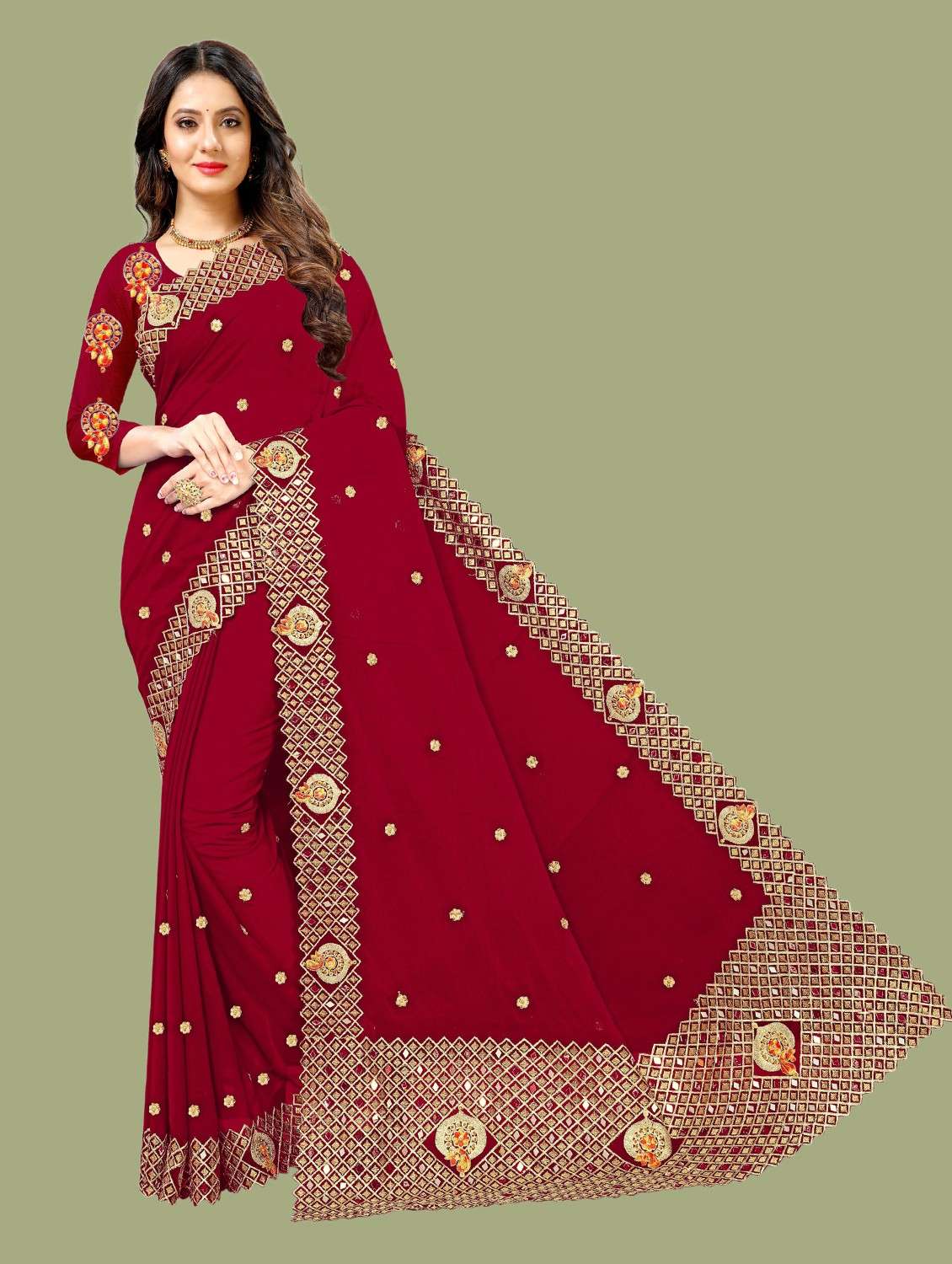 women maroon embellished lace work saree with blouse - 20384058 - Zoom Image - 0