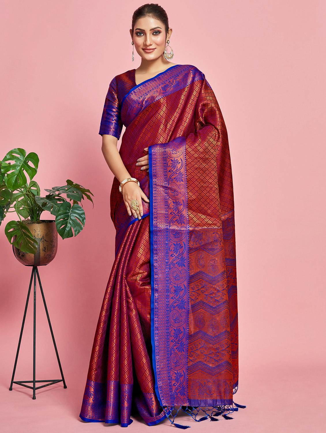 women's self design royal blue colored saree with blouse - 20384272 - Zoom Image - 0