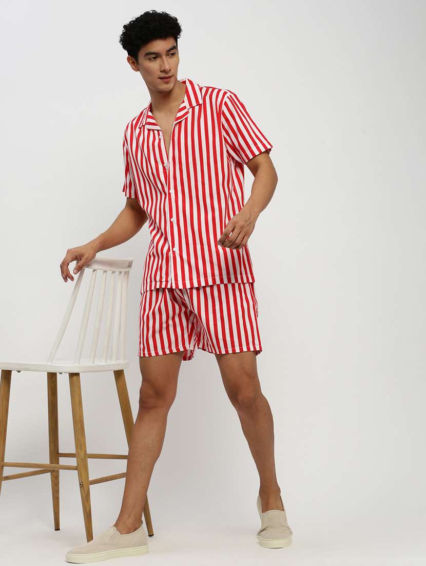 men red striped cotton blend co-ord set - 20384283 -  Standard Image - 3