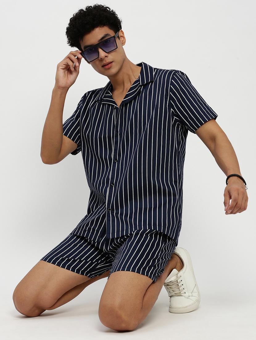 men navy blue vertical striped cotton blend co-ord set - 20384298 - Standard Image - 3