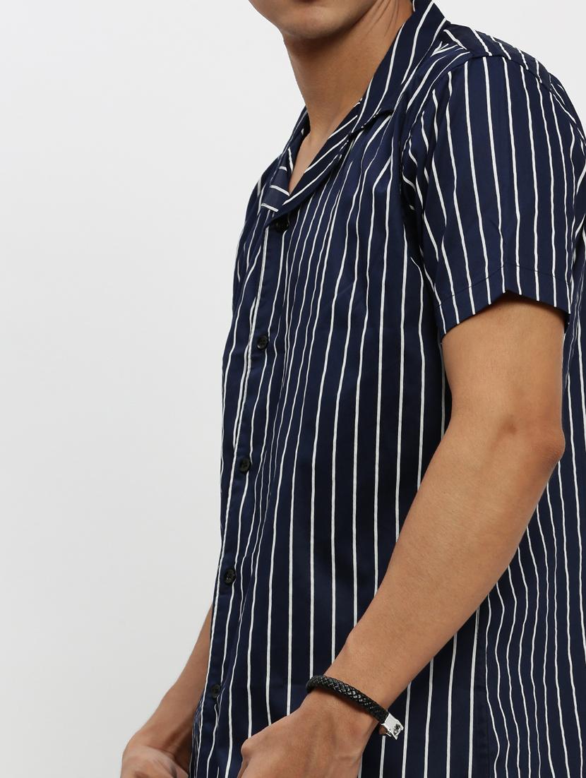 men navy blue vertical striped cotton blend co-ord set - 20384298 - Standard Image - 5