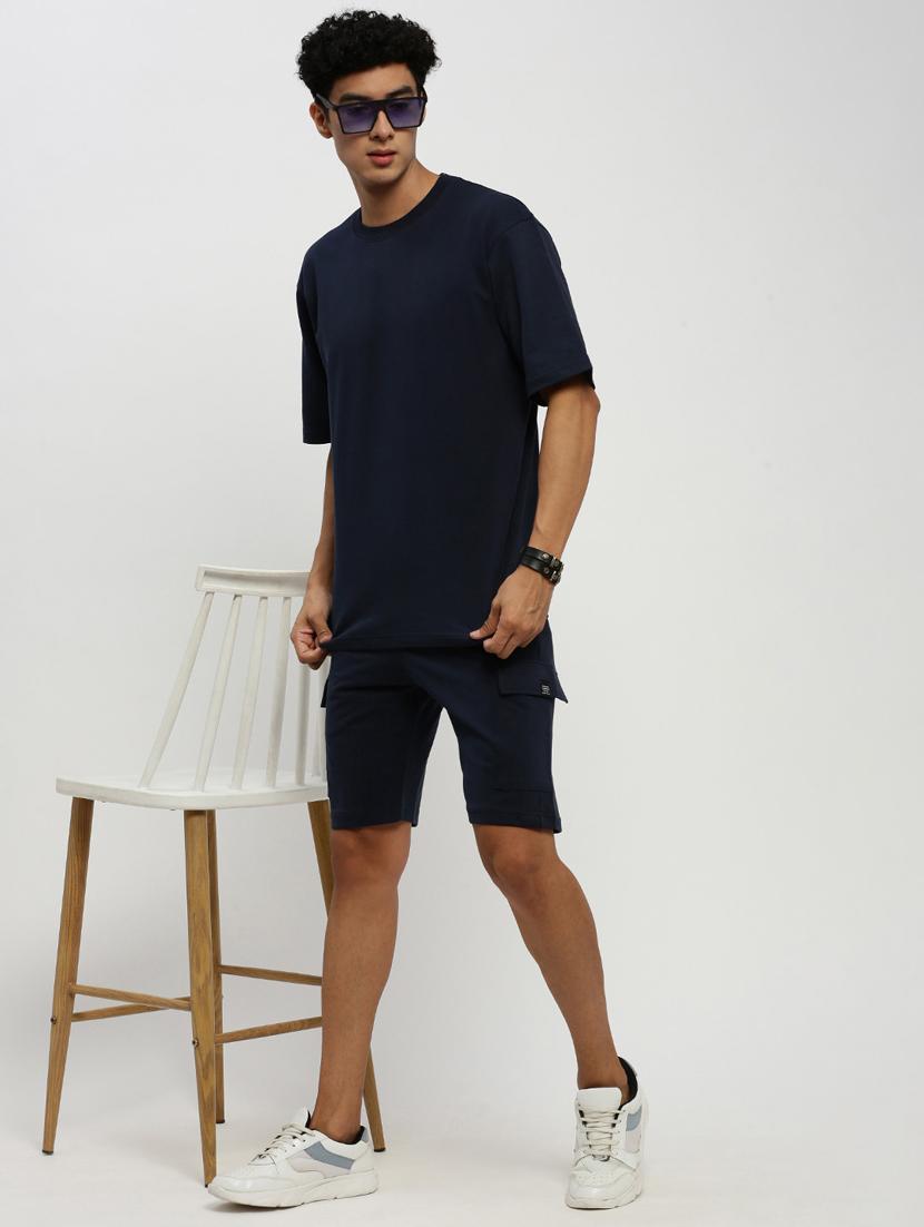 men navy blue solid cotton blend co-ord set - 20384306 - Standard Image - 3