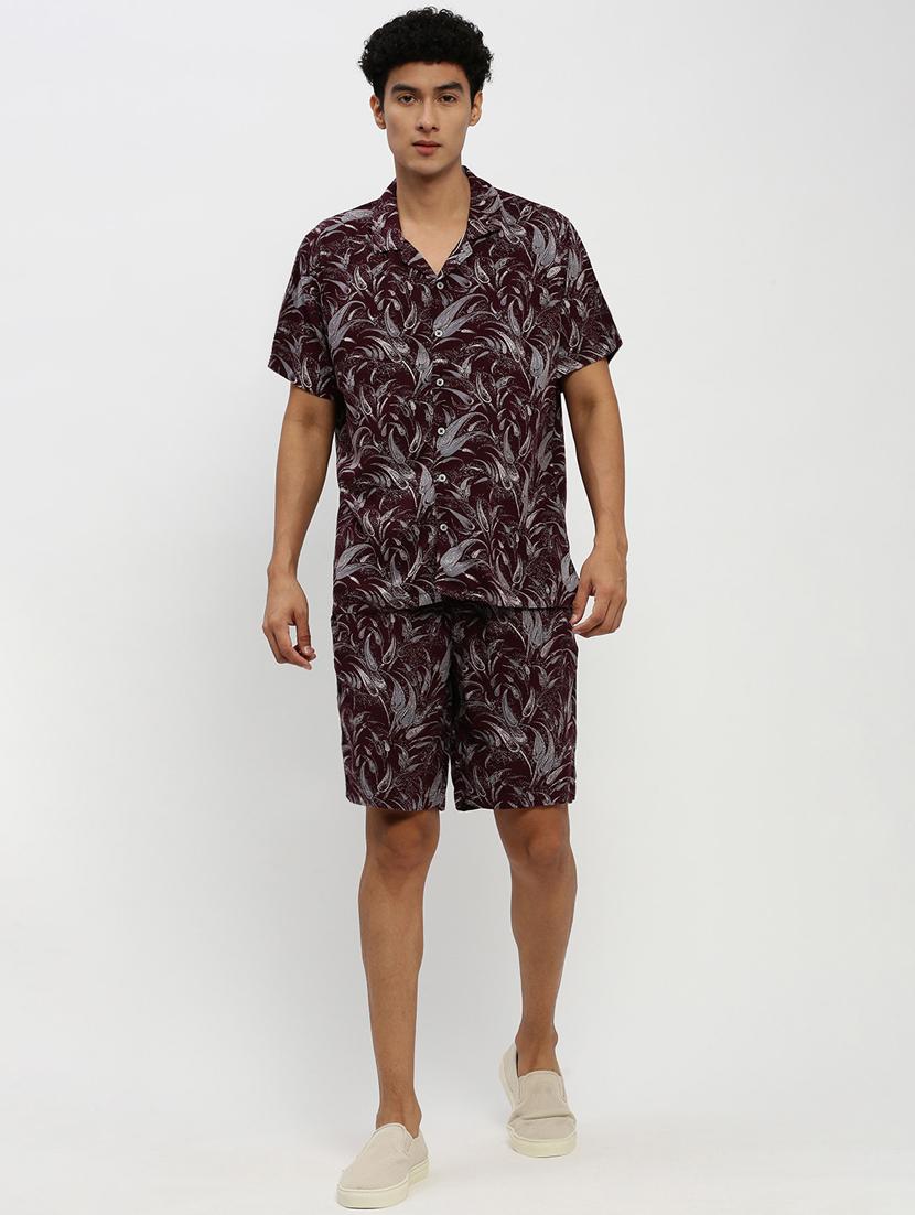 men burgundy tropical print cotton blend co-ord set - 20384316 -  Zoom Image - 0