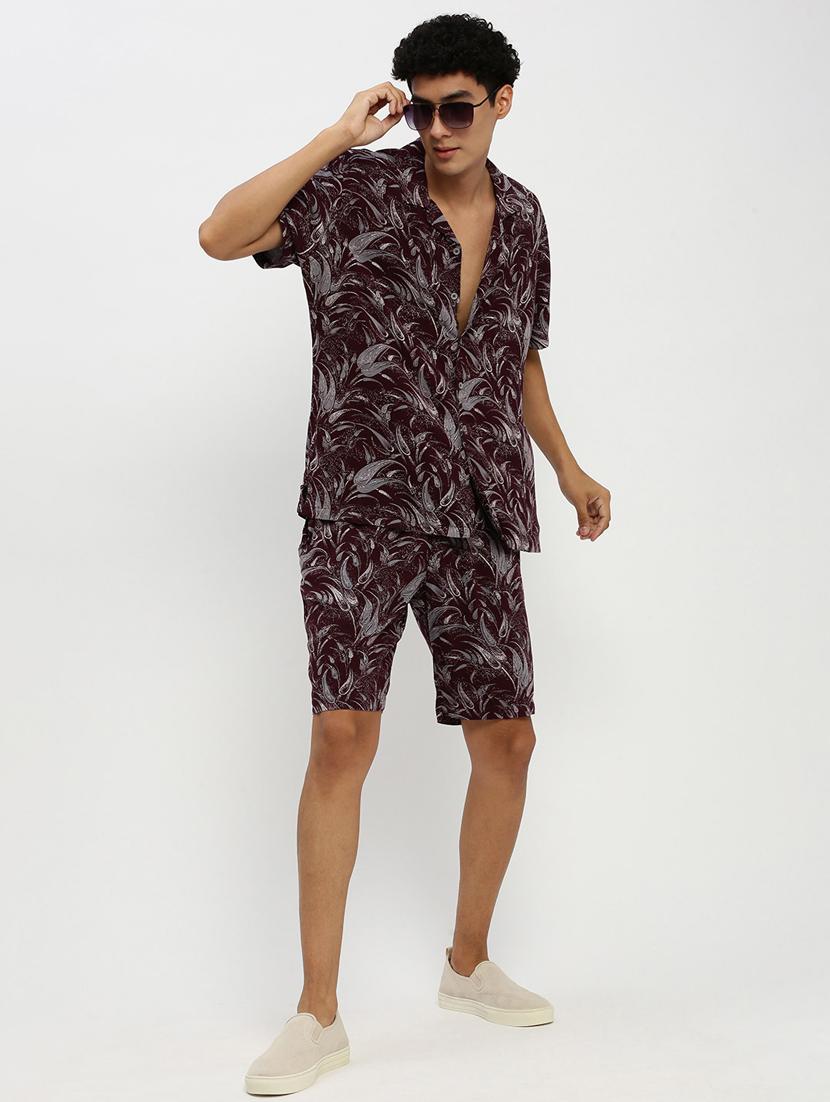 men burgundy tropical print cotton blend co-ord set - 20384316 - Standard Image - 3
