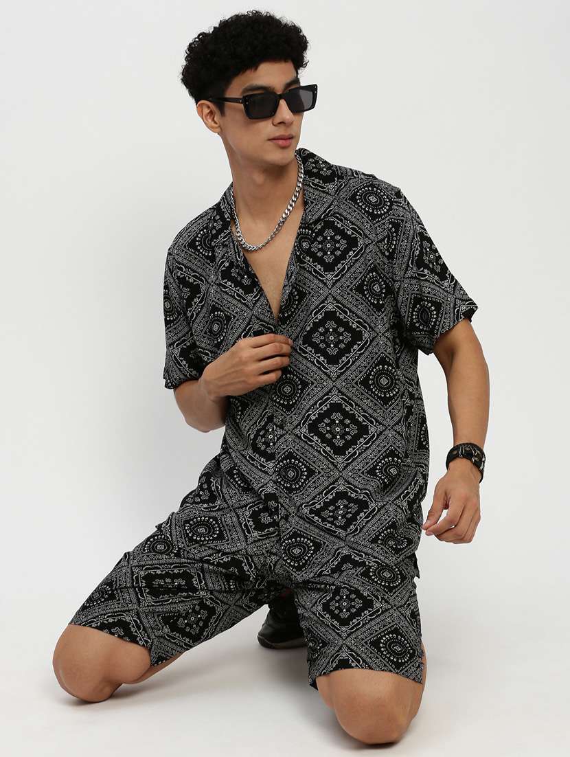 men black block print cotton blend co-ord set - 20384318 -  Standard Image - 3