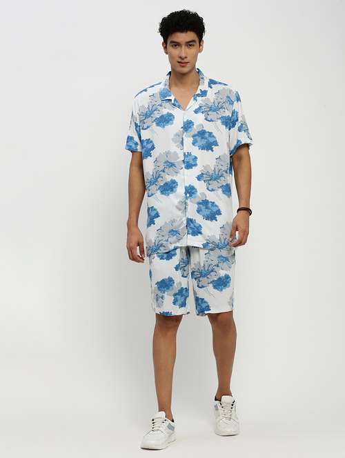 men floral print white cotton blend co-ord set - 20384322 -  Standard Image - 0