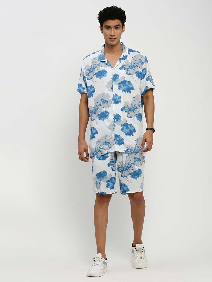 men floral print white cotton blend co-ord set