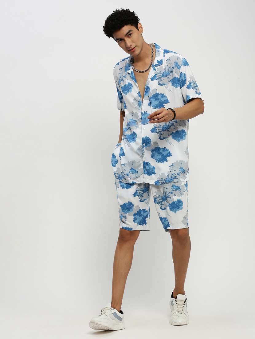 men floral print white cotton blend co-ord set - 20384322 - Standard Image - 3