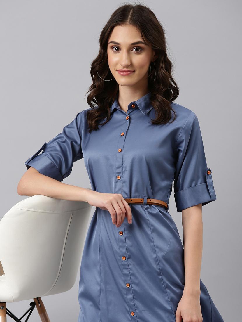 blue solid shirt dress - 20384908 - Standard Image - 3