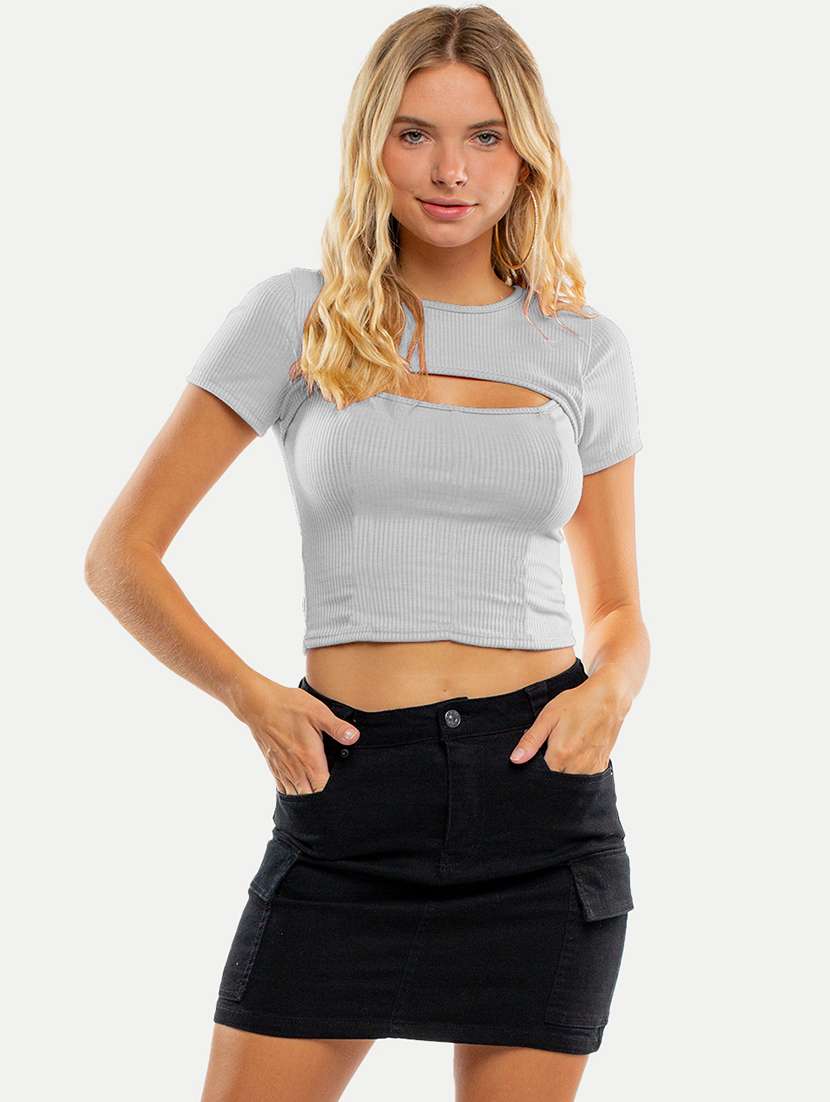 grey solid short sleeves crop top