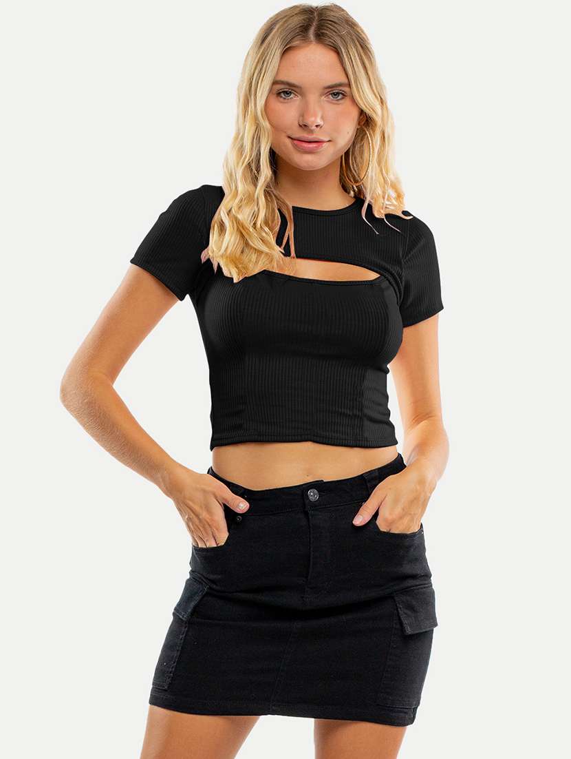 women black solid short sleeves crop top