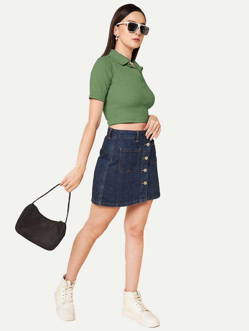 women green solid polo neck crop top - 20385595 -  Standard Image - 3