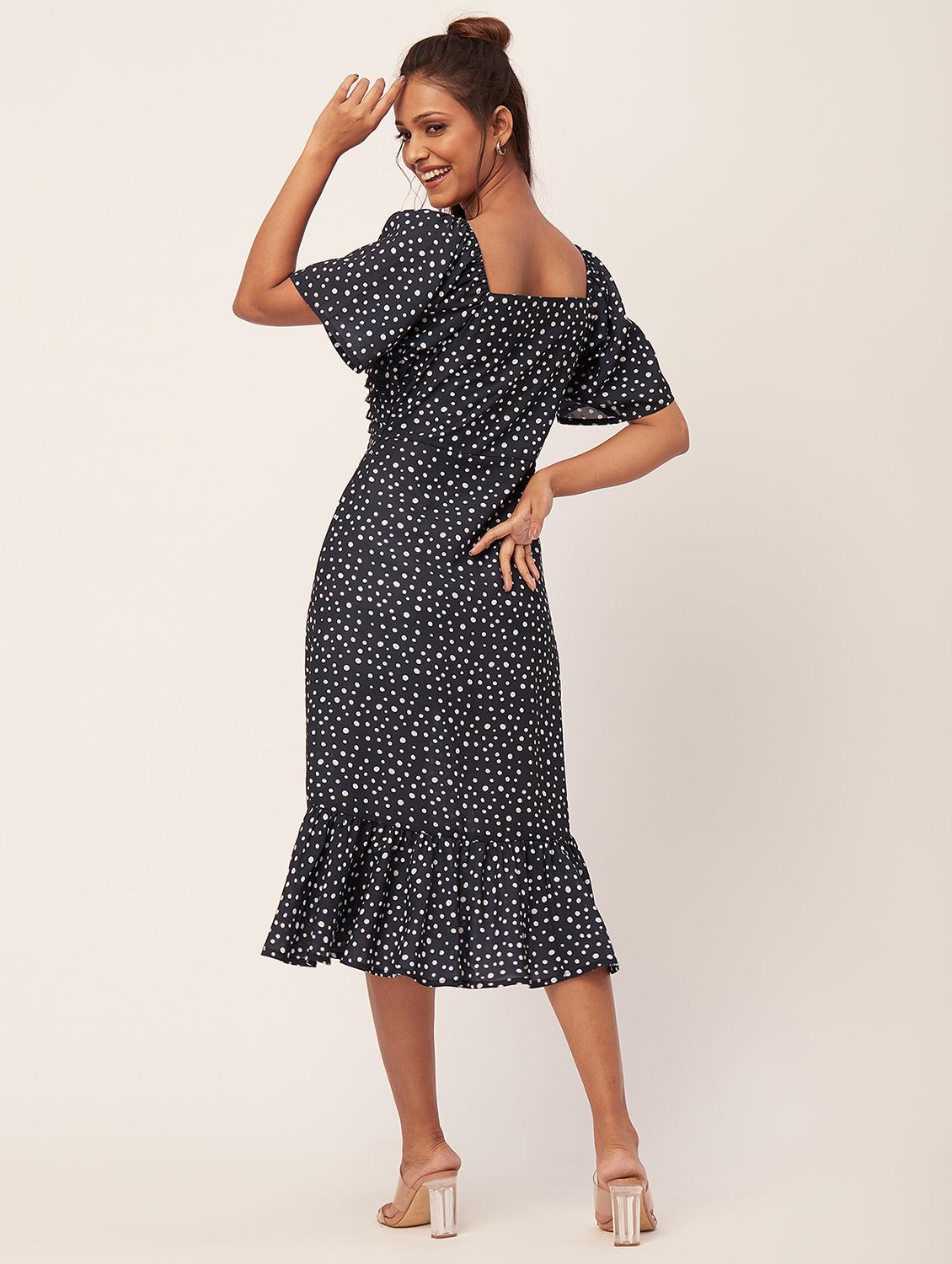 navy blue polka dots high slit dress - 20386174 - Standard Image - 3