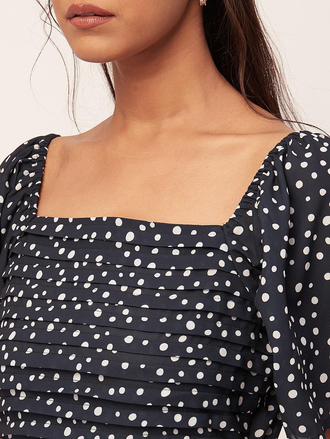 navy blue polka dots high slit dress - 20386174 - Standard Image - 5