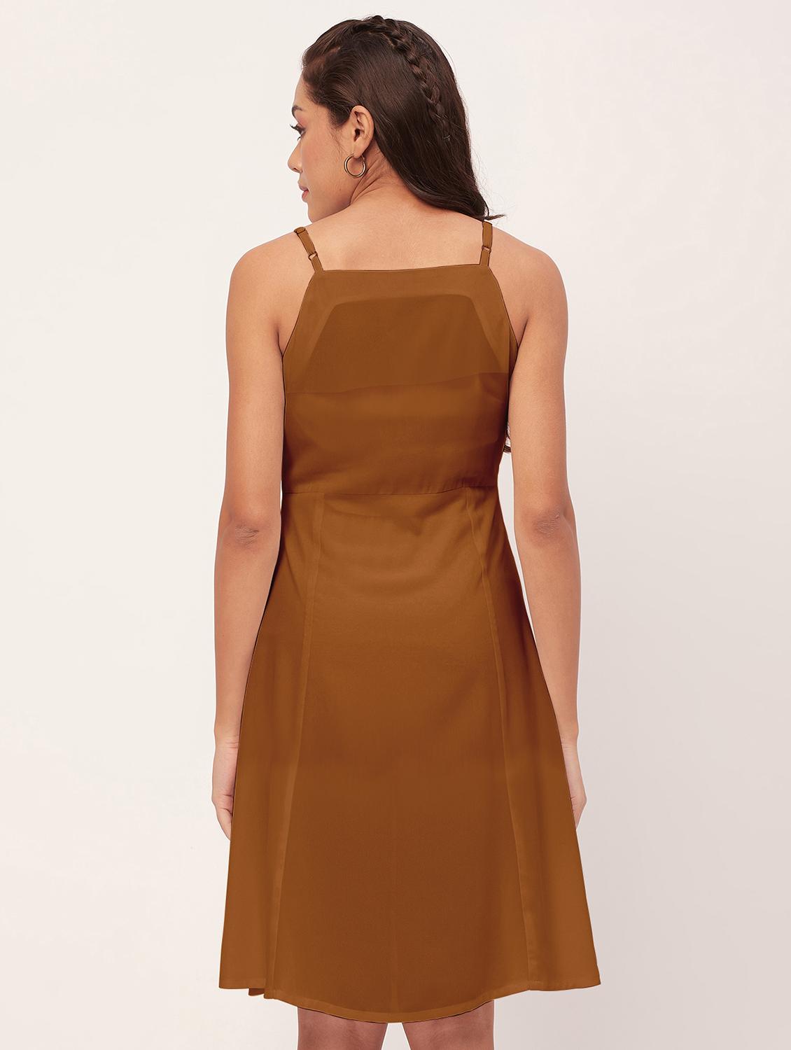 brown solid shoulder strap a-line dress - 20386195 - Standard Image - 3