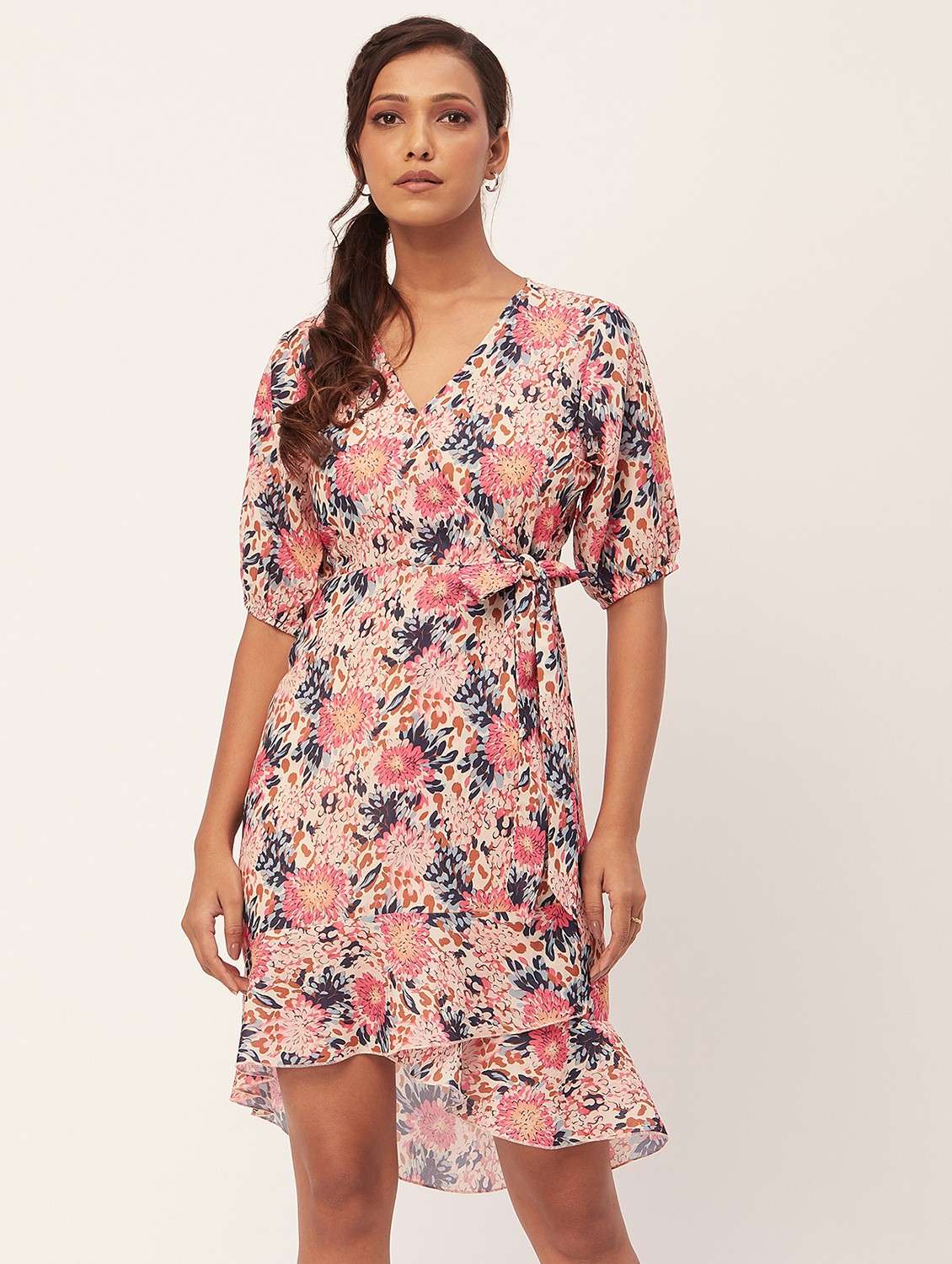 women multi colored printed georgette wrap dress