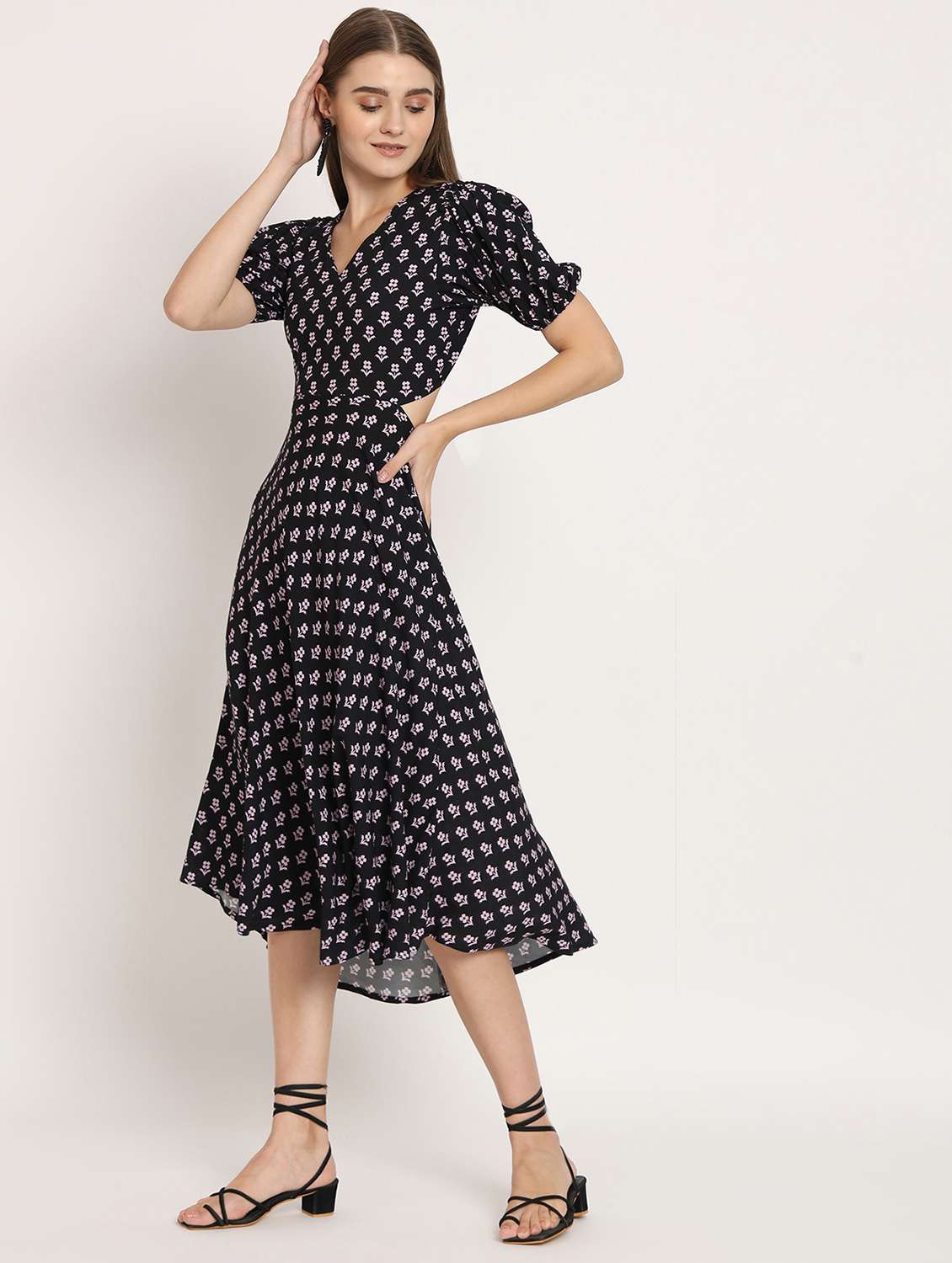 black floral print puff sleeves high low dress