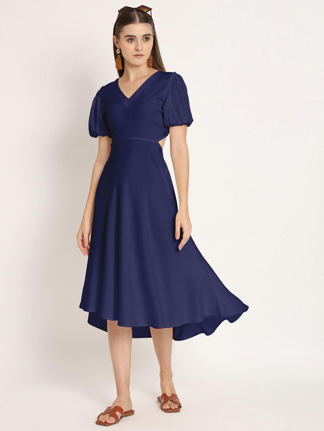blue solid puff sleeves high low dress - 20386217 -  Zoom Image - 0