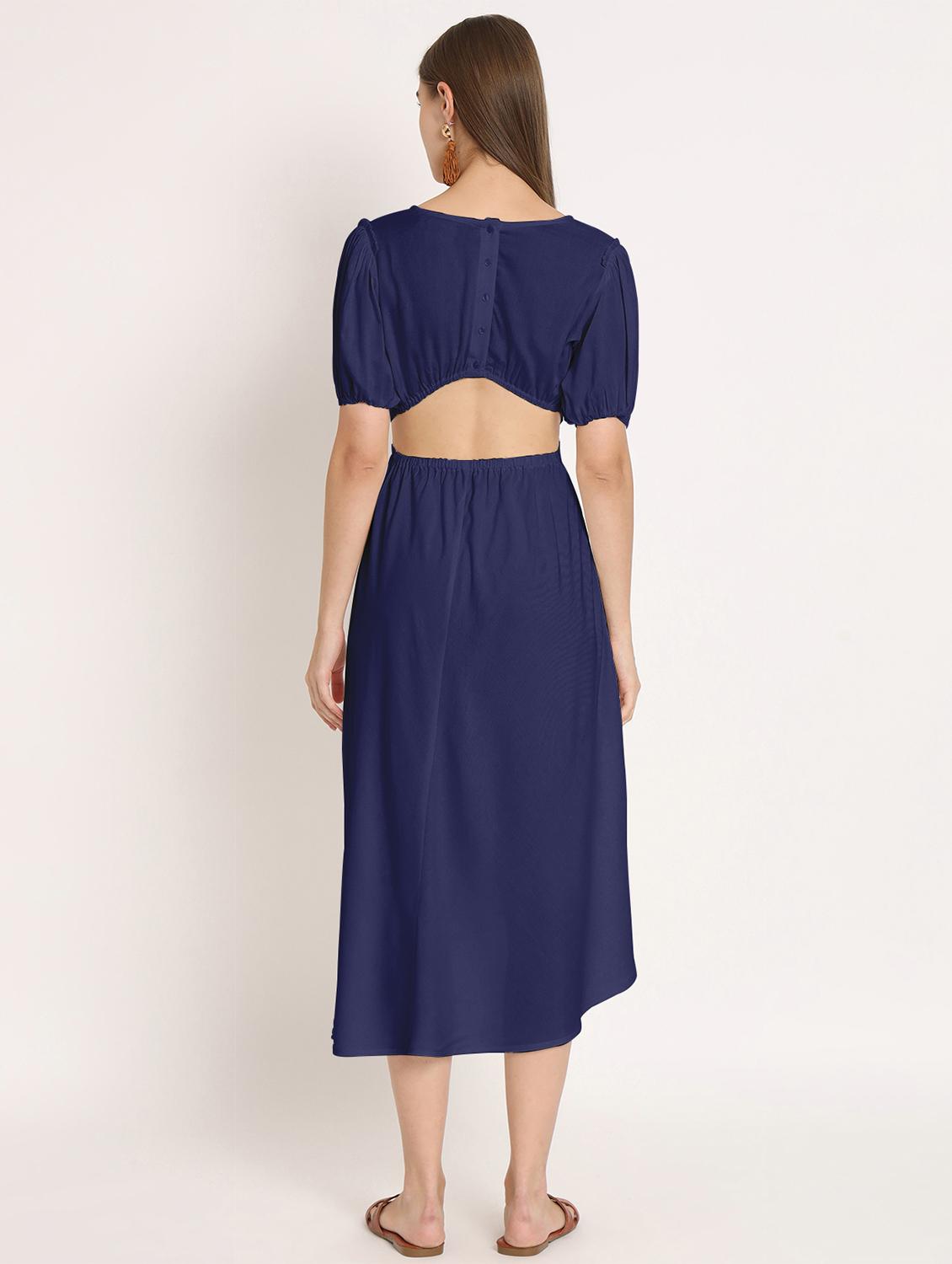 blue solid puff sleeves high low dress - 20386217 - Standard Image - 3