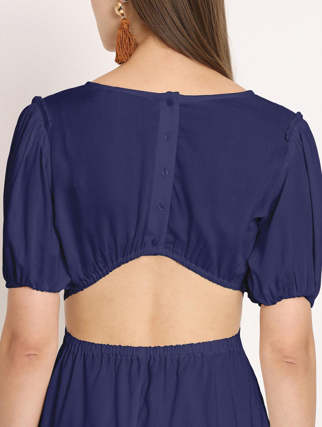 blue solid puff sleeves high low dress - 20386217 - Standard Image - 5
