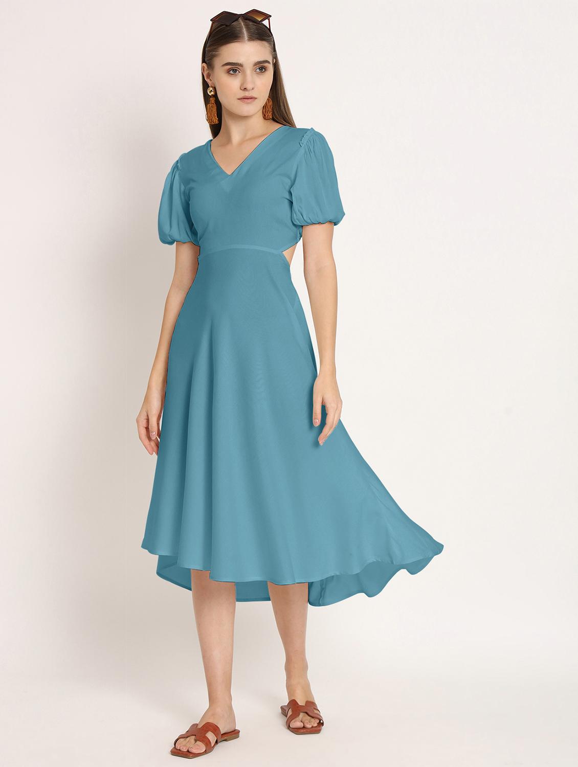 blue solid high low dress - 20386218 -  Zoom Image - 0
