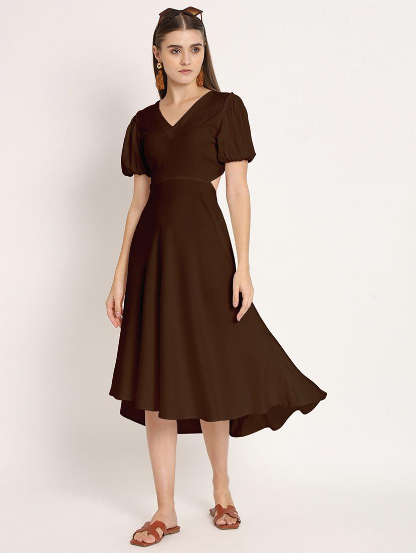 brown solid puff sleeves high low dress - 20386219 -  Zoom Image - 0