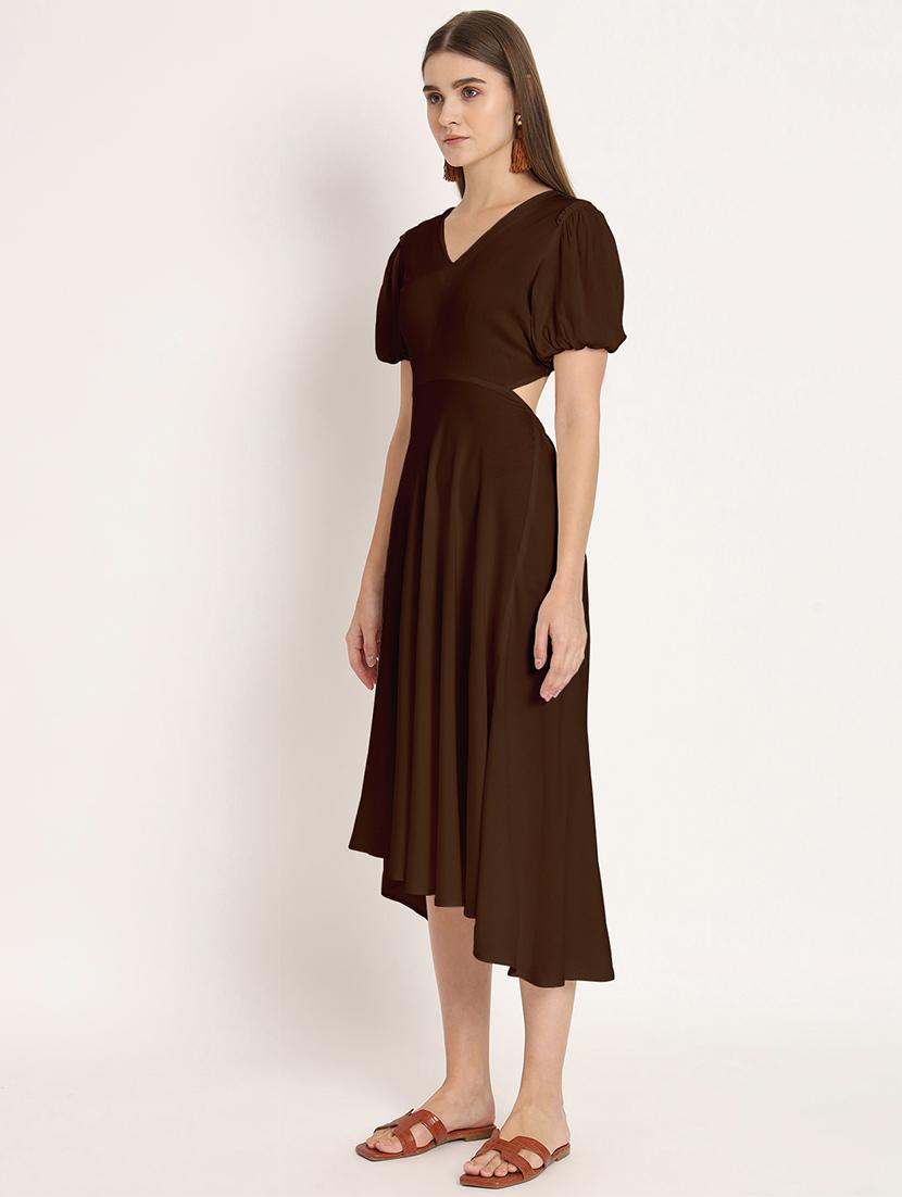 brown solid puff sleeves high low dress - 20386219 - Standard Image - 3